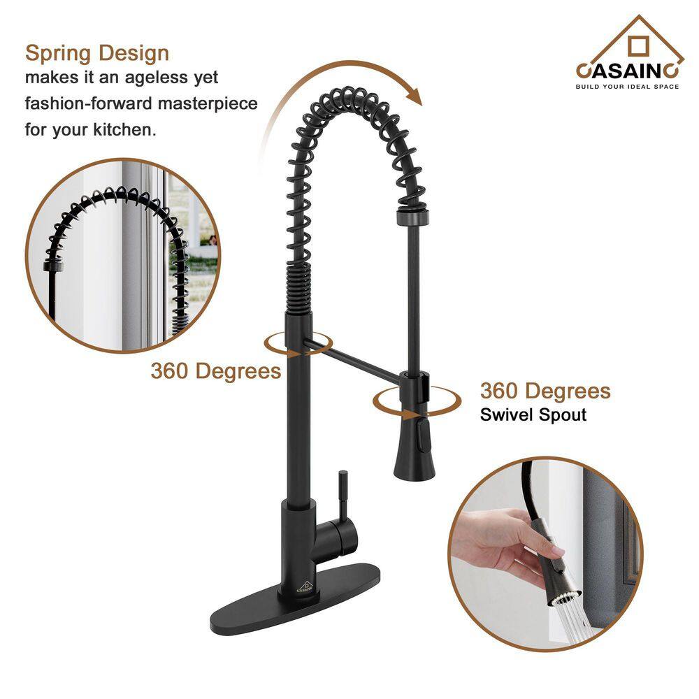 CASAINC Single-Handle Spring Pull Down Sprayer Kitchen Faucet in Matte Black with Dual Function Sprayhead and Deckplate CA-D0674-MB