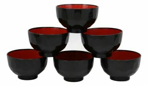 1 Japanese Black Red Lacquer Copolymer Plastic Rice Bowl Beehive Pattern Set Of 6 EBR02