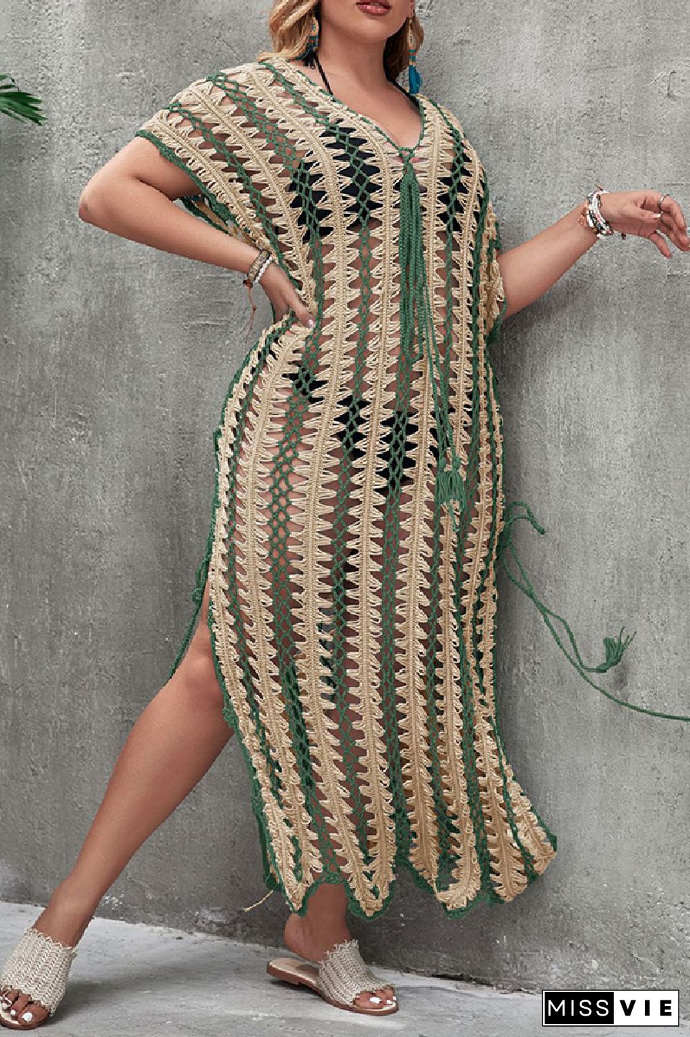 Sexy Patchwork Hollowed Out Slit Weave V Neck Beach Plus Size Dresses