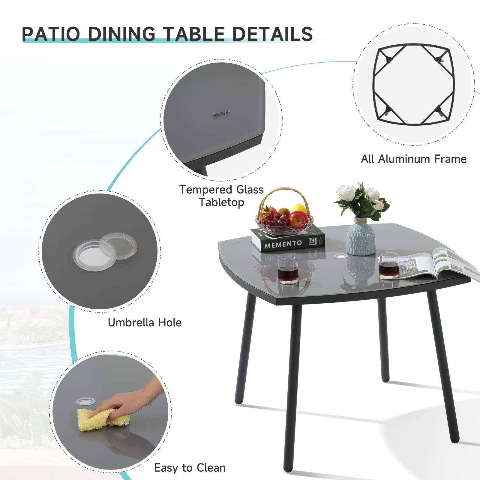 Patio Dining Set, 5 Piece Outdoor Dining Table Set with 4 Adjustable Folding Textilene Chairs and 1 Round Table, Aluminum Frame, for Garden, Yard, Porch, Poolside, Dark Gray