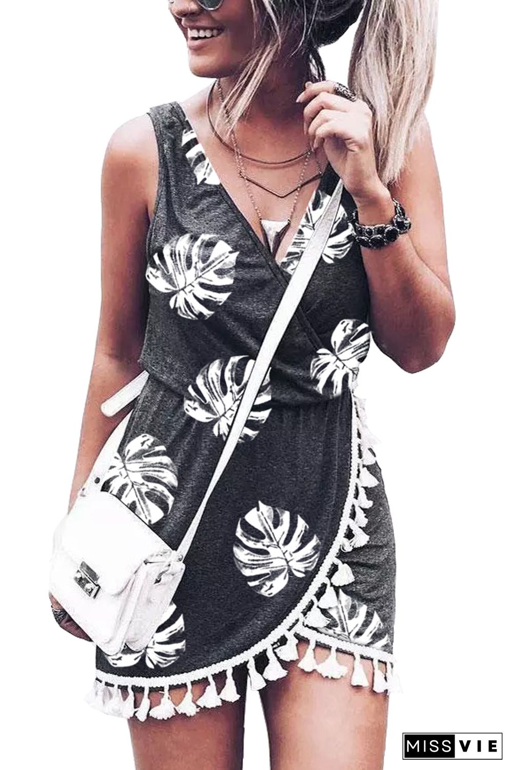 Black Palm Leaves Print Tassel Wrap V-Neck Mini Dress