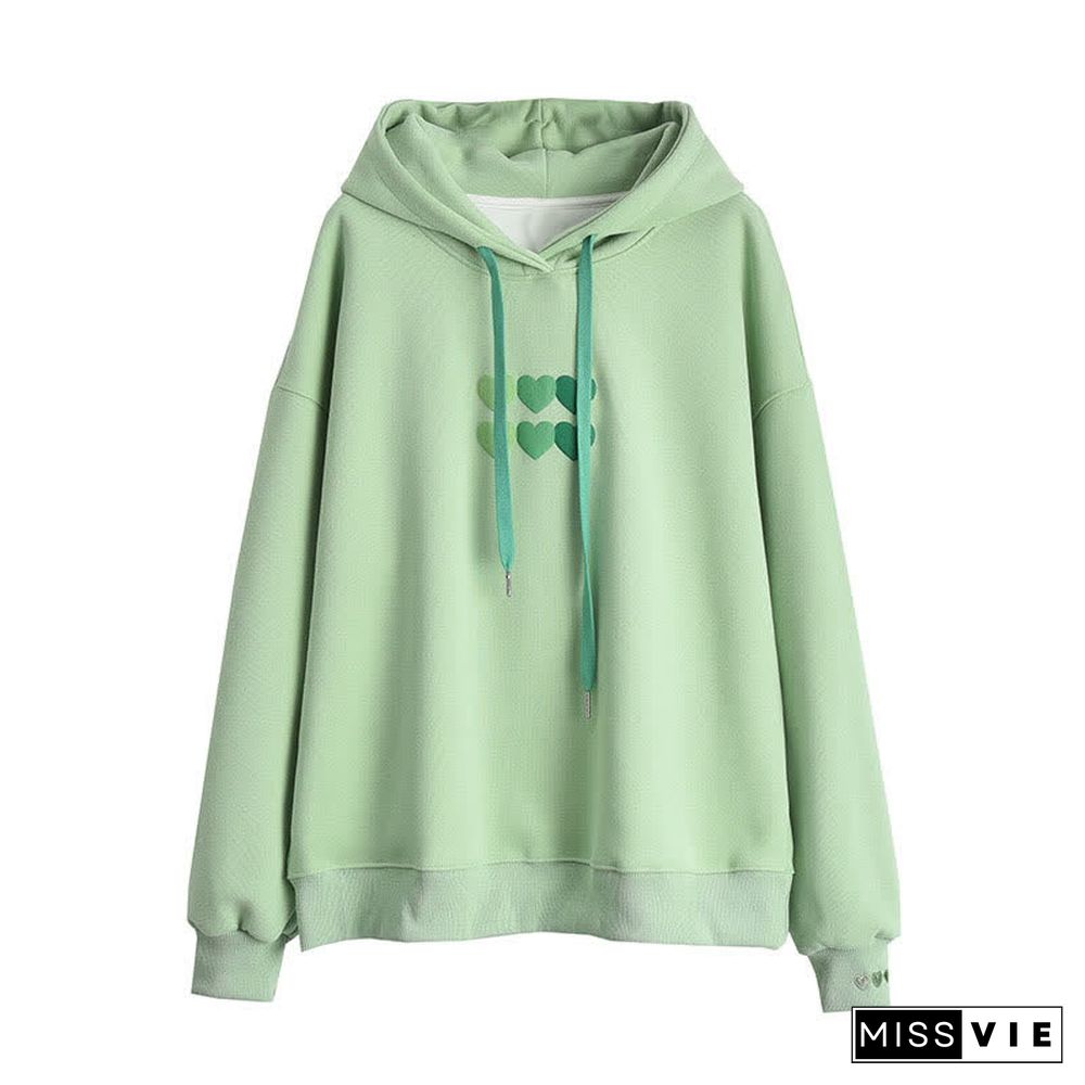 Love Heart Print Draw String Loose Hoodie