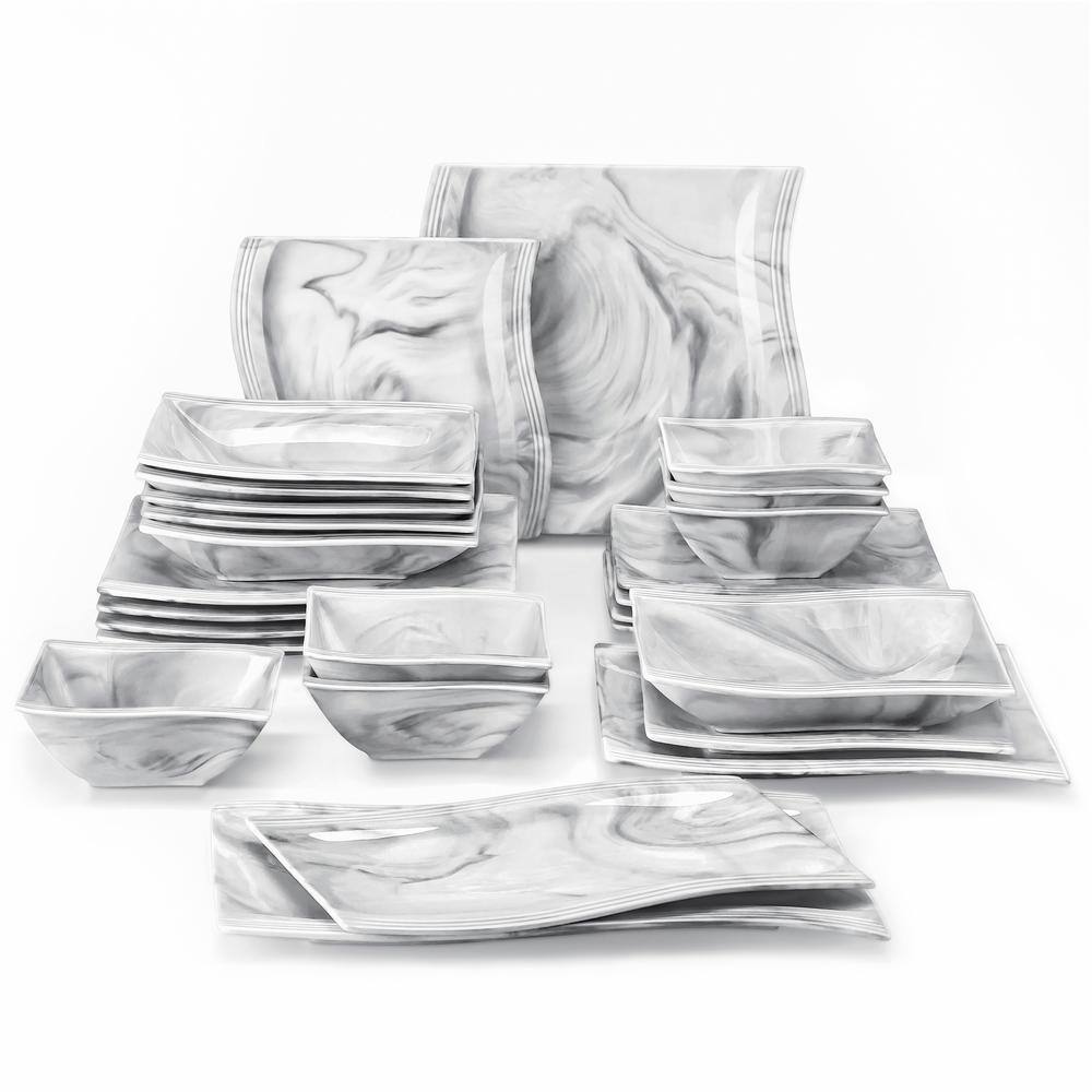 MALACASA Flora 26-Piece Marble Gray Porcelain Dinnerware Set with DinnerSoup Dessert Plates(Service for 6) FLORA-26-GREY