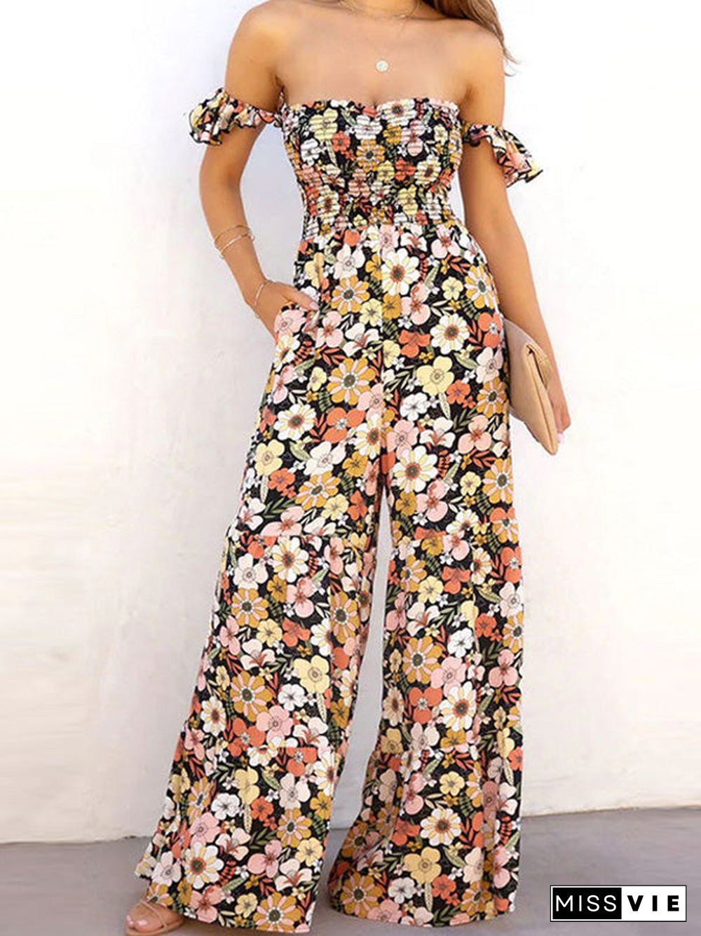 Women'S Jumpsuits Floral Print One-Shoulder Pocket Jumpsuit