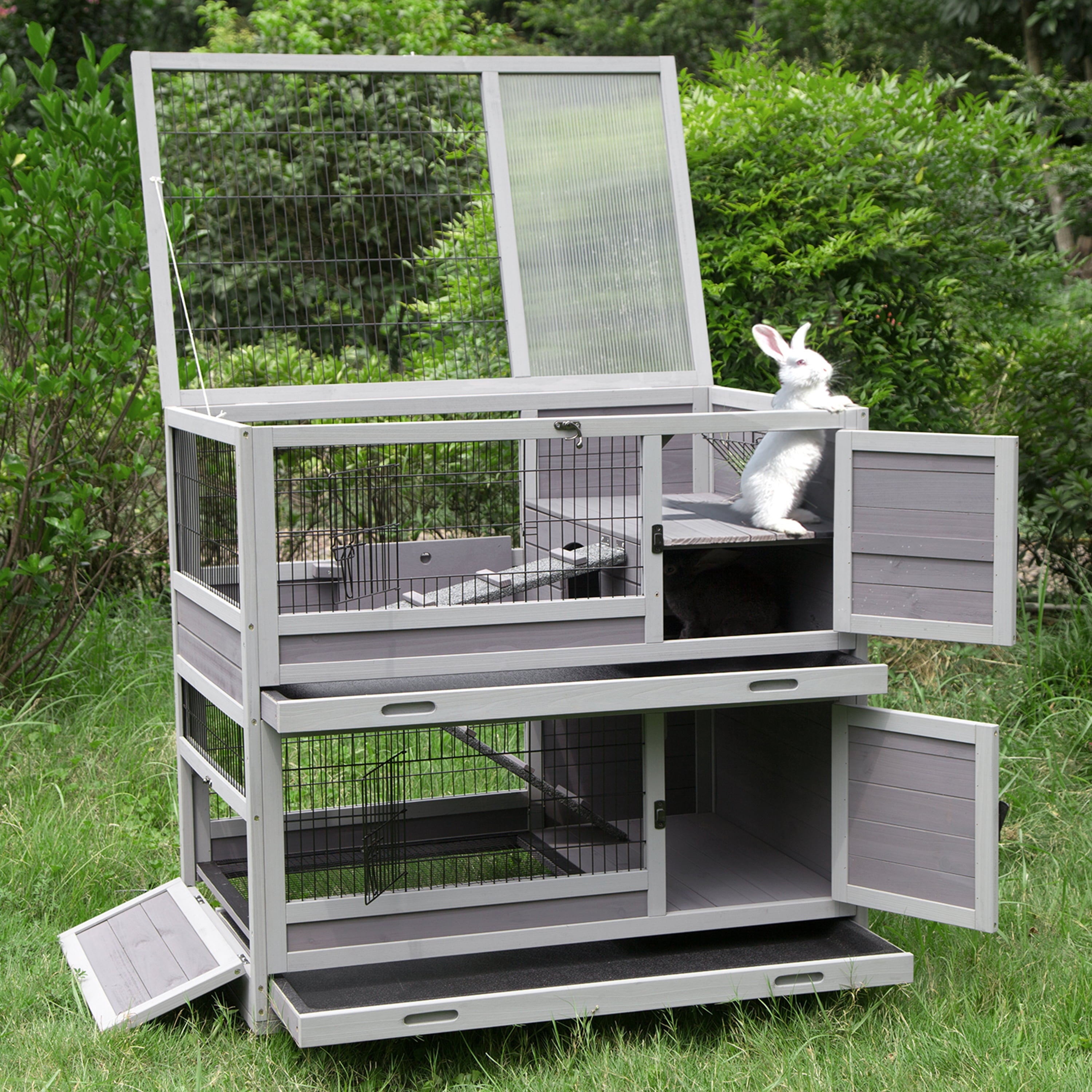 Morgete Outdoor Rabbit Hutch 2 Layer Bunny Cage Indoor-Gray