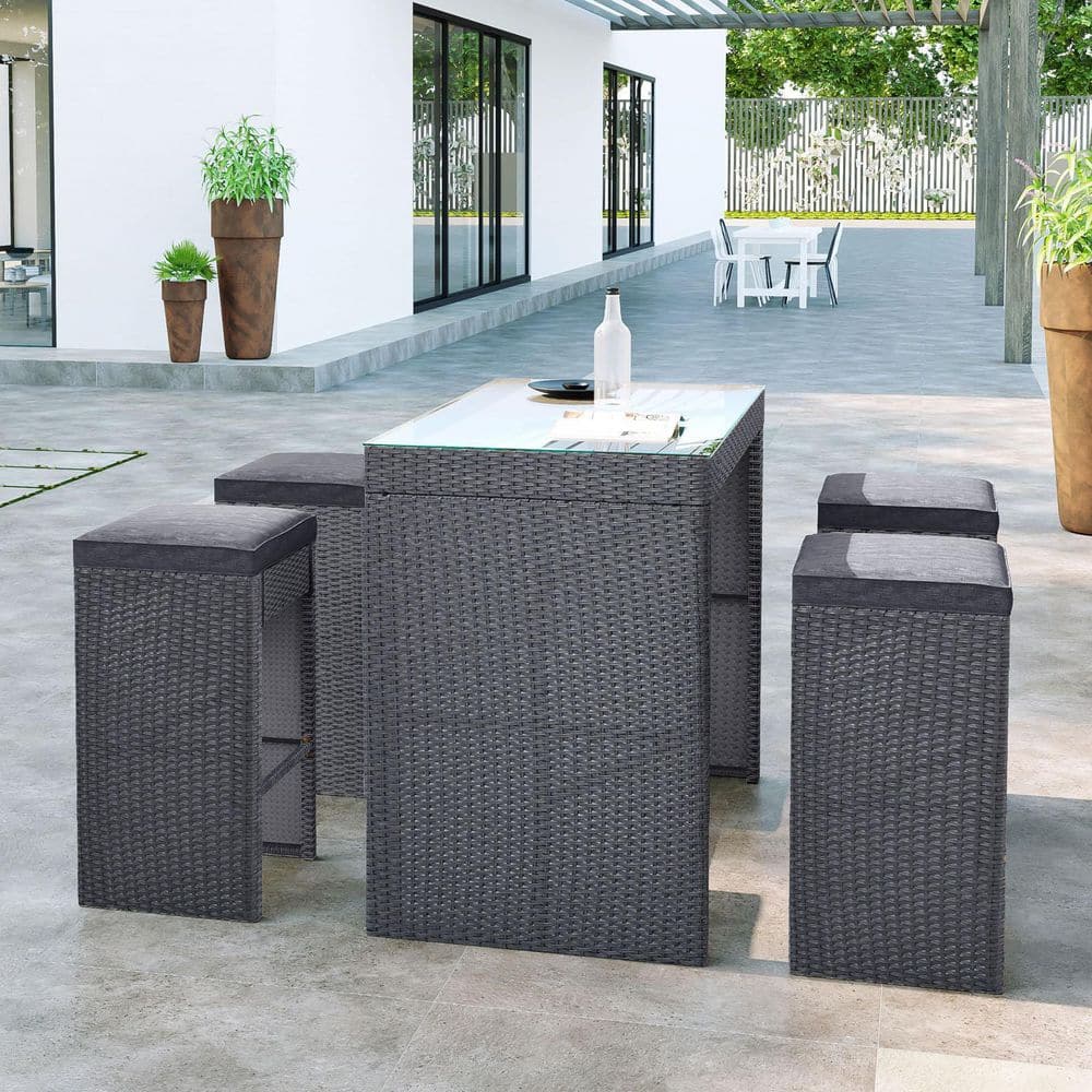 Tunearary 5-Piece Gray Wicker Patio Bar Furniture Set Outdoor Dining Table Set 4 Stools with Gray Cushion SH000238AAEHZP