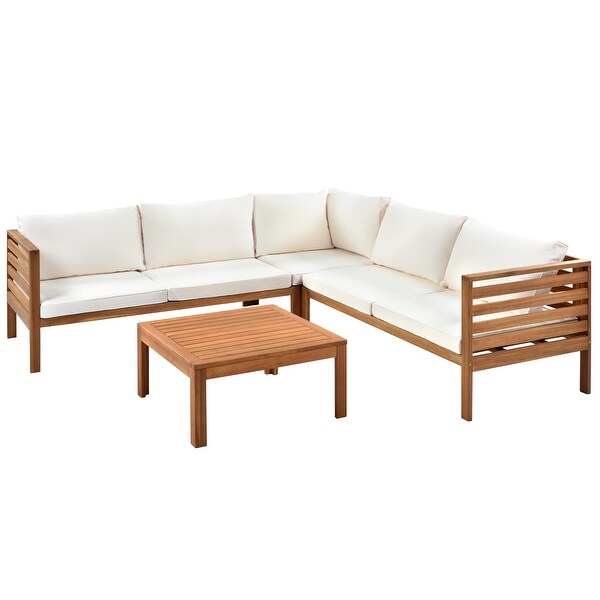 Acacia Wooden Outdoor Sectional Sofa Set，WaterResistant and Uv Protected Texture Sofa with Cushions and Table