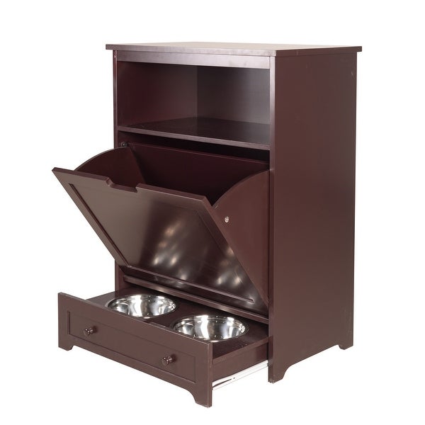 Pet Feeder Station Cabinet End Table with Storage， Stainless Bowl