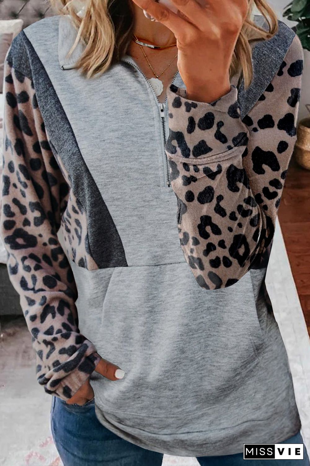 Gray Pocketed Half Zip Leopard Pullover Sweatshirt