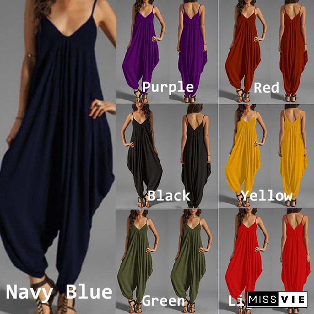 7 Colors Women Summer Casual Sleeveless Deep V-Neck Jumpsuits Solid Color Loose Backless Spaghetti Strap Rompers Overalls Plus Size S-5XL