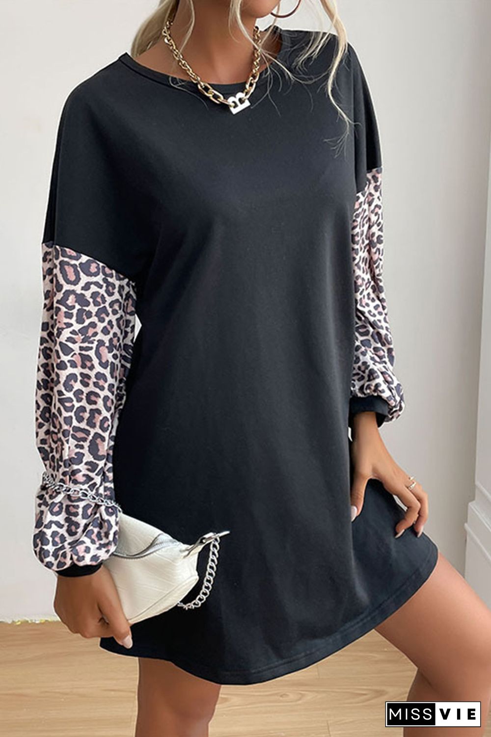 Leopard Print Patchwork Pullover Long Sleeves T-Shirt Dress Wholesale