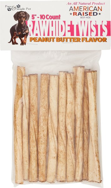 Pure and Simple Pet Peanut Butter Flavored Rawhide Twist Dog Treat， 5-in