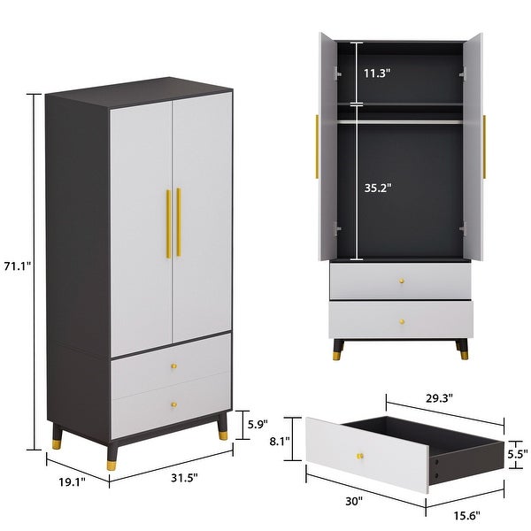 Wardrobe Closet Armoire with 2 Doors Wooden Clothes Storage Cabinet - - 36854163