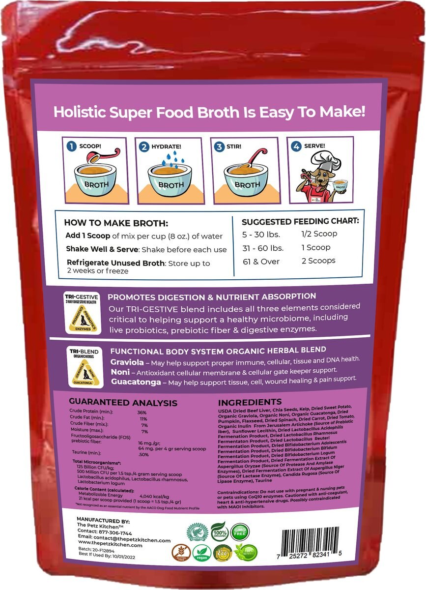 The Petz Kitchen Holistic Super Food Broth Tissue and Cell Support Beef Flavor Concentrate Powder Dog and Cat Supplement， 4.5-oz bag