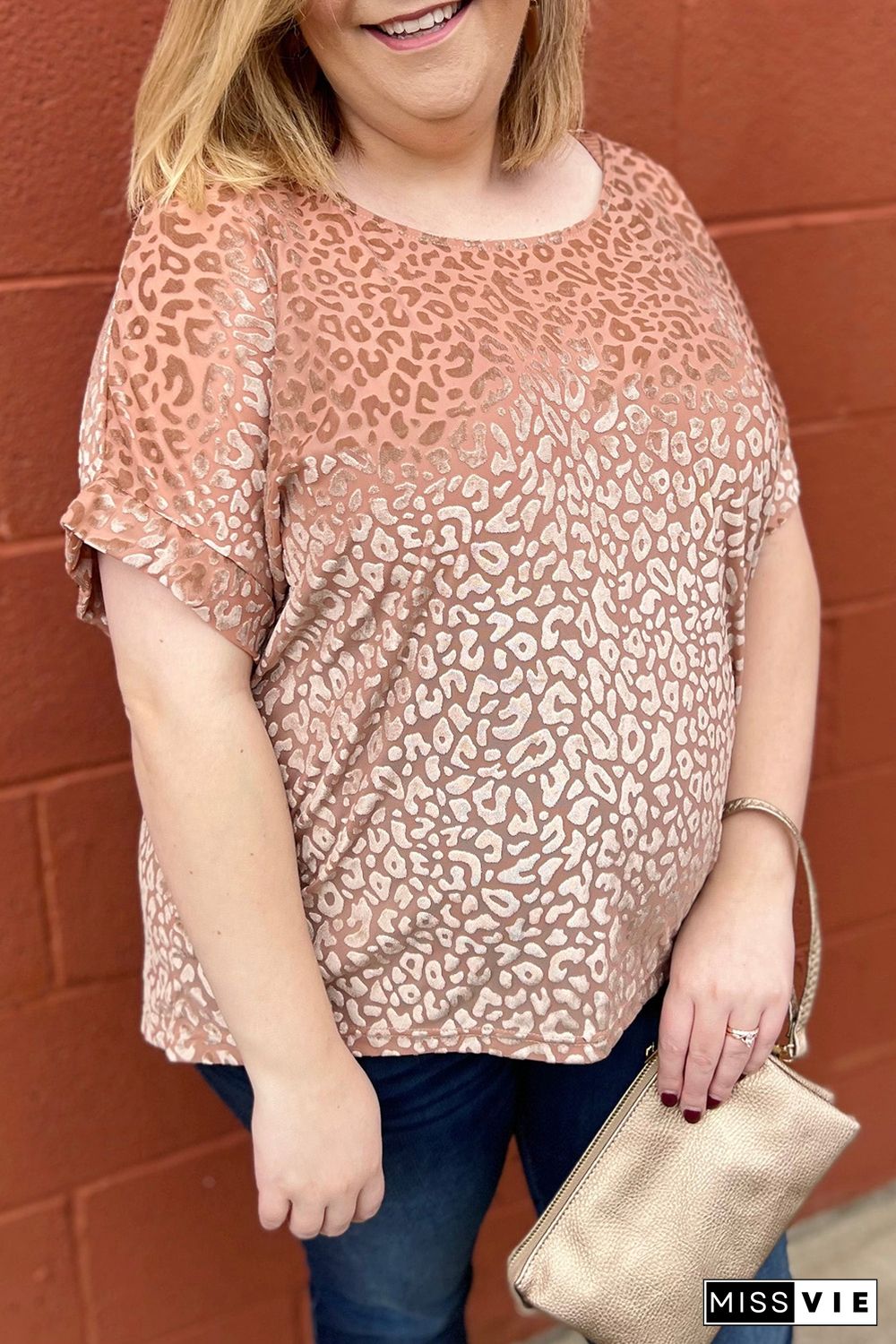 Pink Plus Size Ombre Glitter Leopard T-shirt