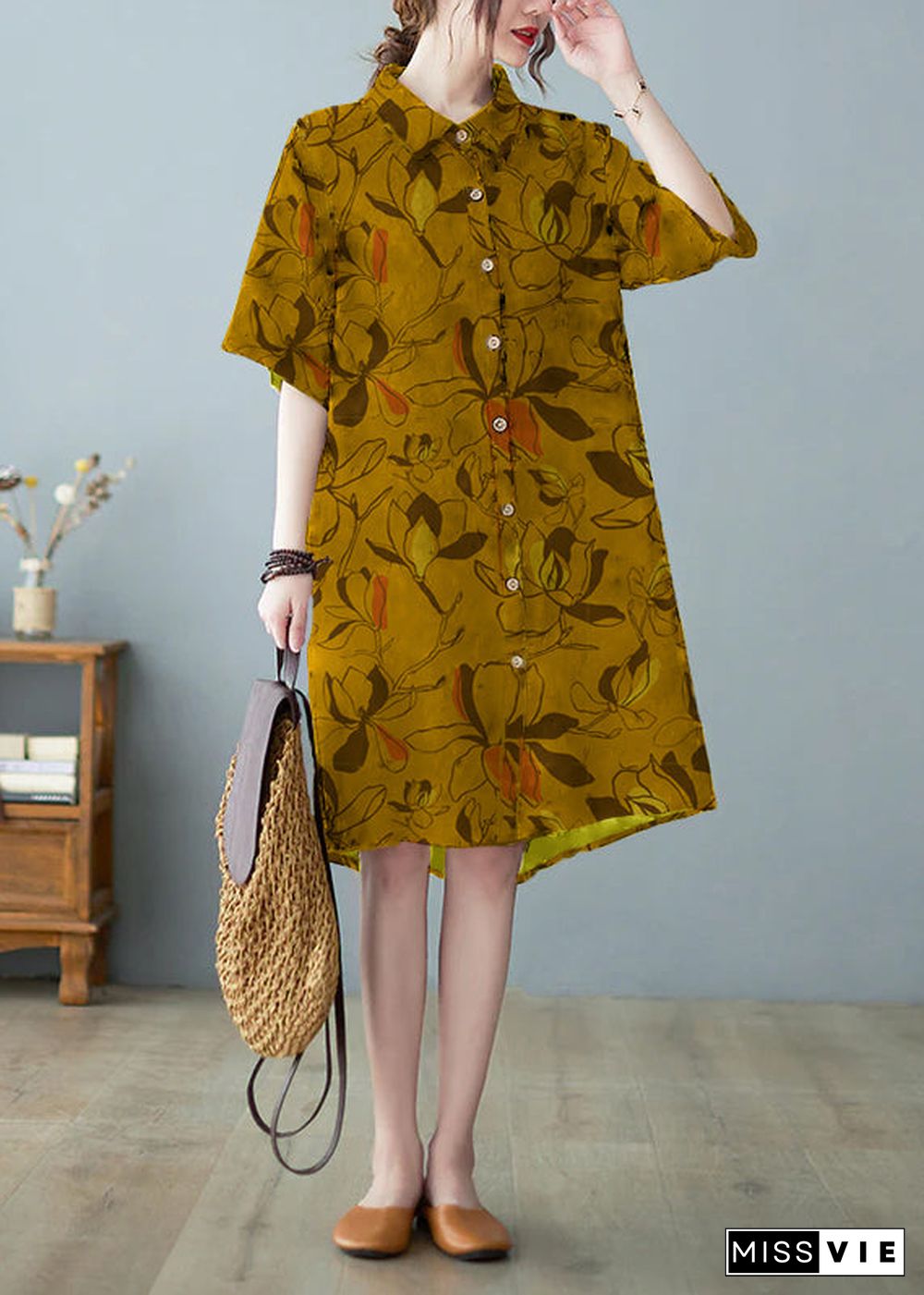 Modern Yellow Button Stand Collar Floral Print Party Dress Half Sleeve