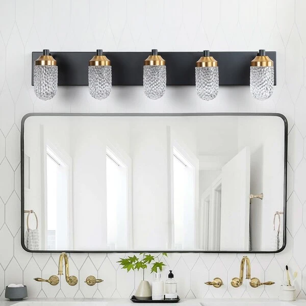 Oaks Aura 5-Light Crystal Vanity Lights for Bathroom, Black Gold Vintage Vanity Light LED Bathroom Wall Light Fixture