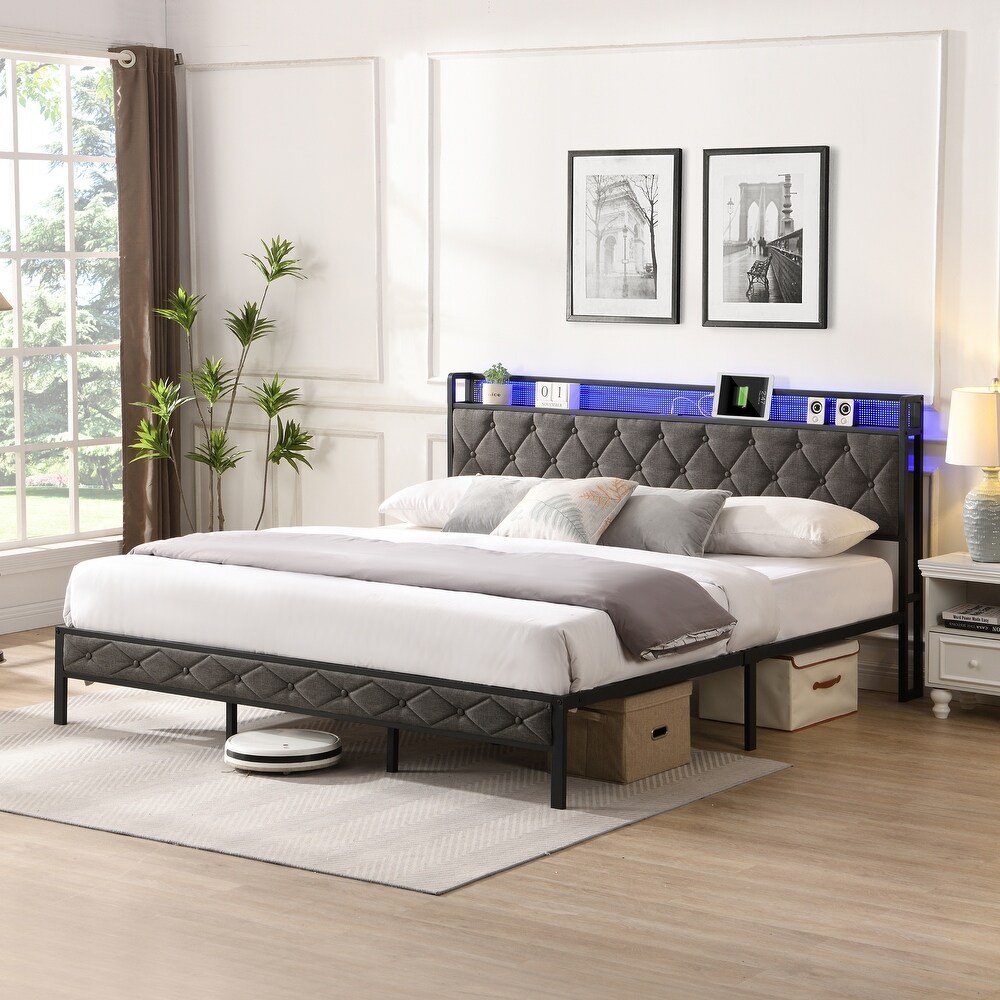 King Upholstered Bed with Storage Headboard Charging Station LED Lights