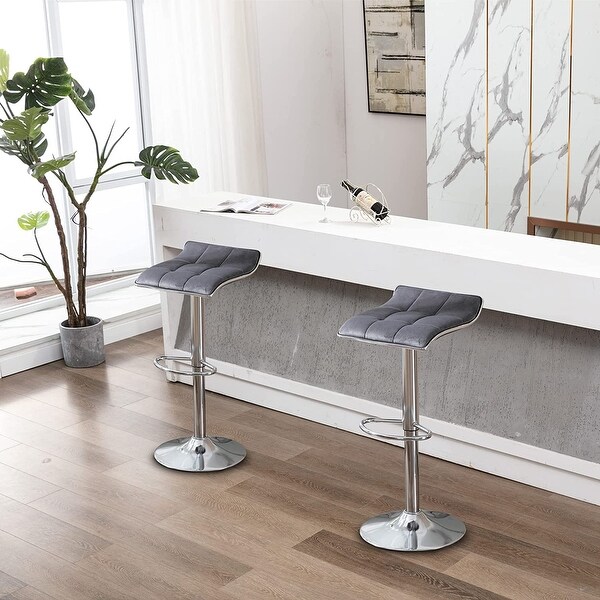 Velvet Armless Bar Stools Set of 2， Square Adjustable Tall Stools with Metal Base and Foot Rest， Swivel Counter Stools