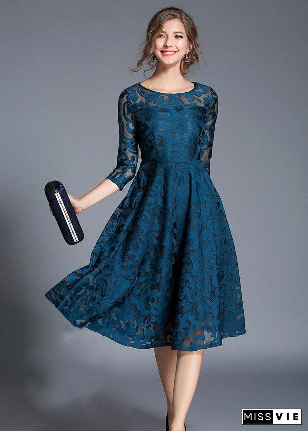 Women Blue Jacquard Wrinkled Patchwork Lace Mid Dress Summer