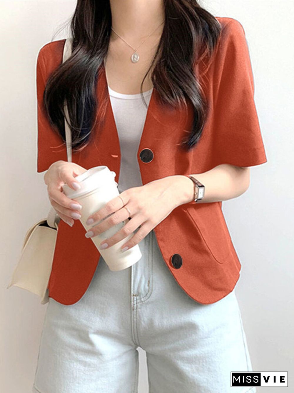 Solid Button Front Pocket Short Sleeve Lapel Blazer