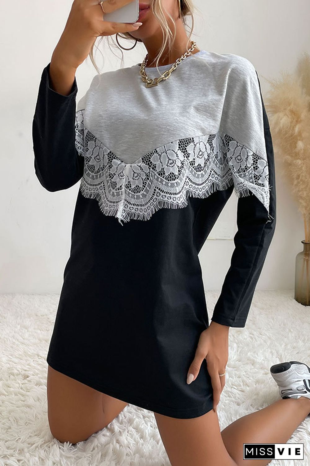 Street Patchwork Lace Contrast O Neck Dresses