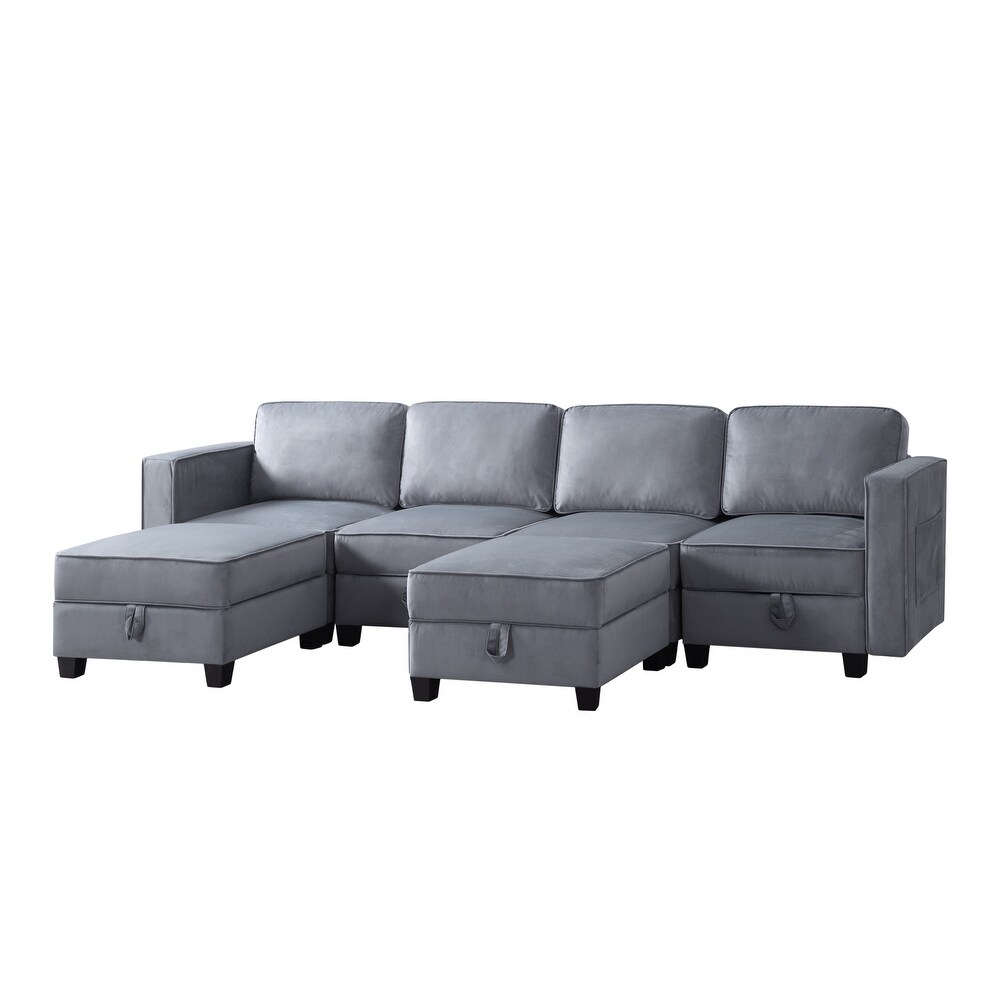 Velvet 116'' Square Arm Sectional Sofa 6 Seater Living Room Sofa with Multiple Storage Spaces and Adjustable Backrest