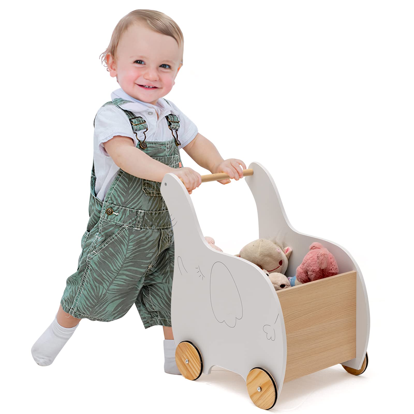 BABY JOY Baby Wooden Push Walker, 2-in-1 Toddler Learning Walker w/ Toy Storage Chest