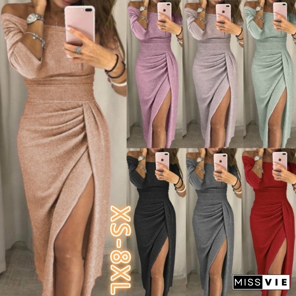 Women Off Shoulder Party Dresses High Slit Bodycon Dress Long Sleeve Fashion Prom Dress Skirt Plus Size Xs-8Xl