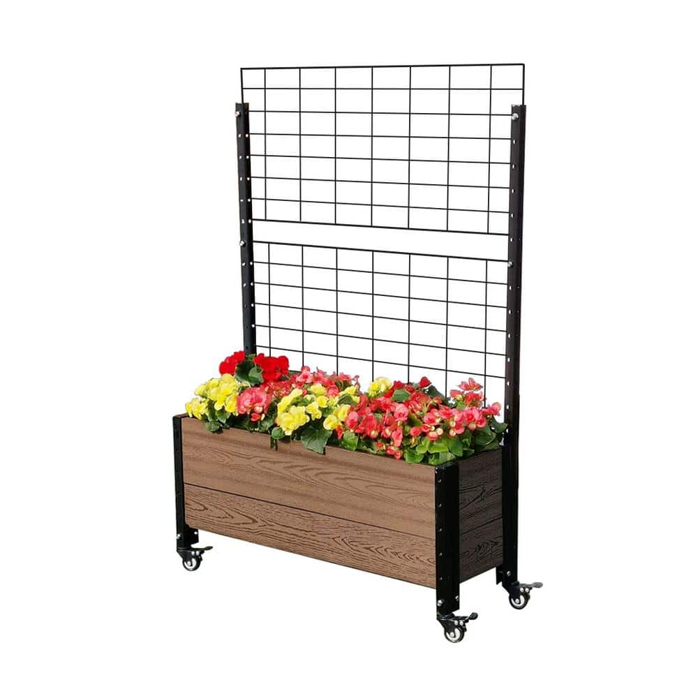 EverBloom Mobile Trough Brown Composite Board and Steel Raised Planter with Trellis K2120