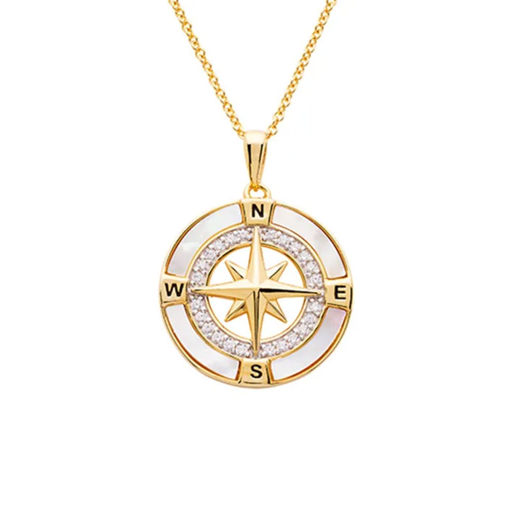 Ocean  Compass Necklace - 14kt Gold Vermeil  MOP CZ