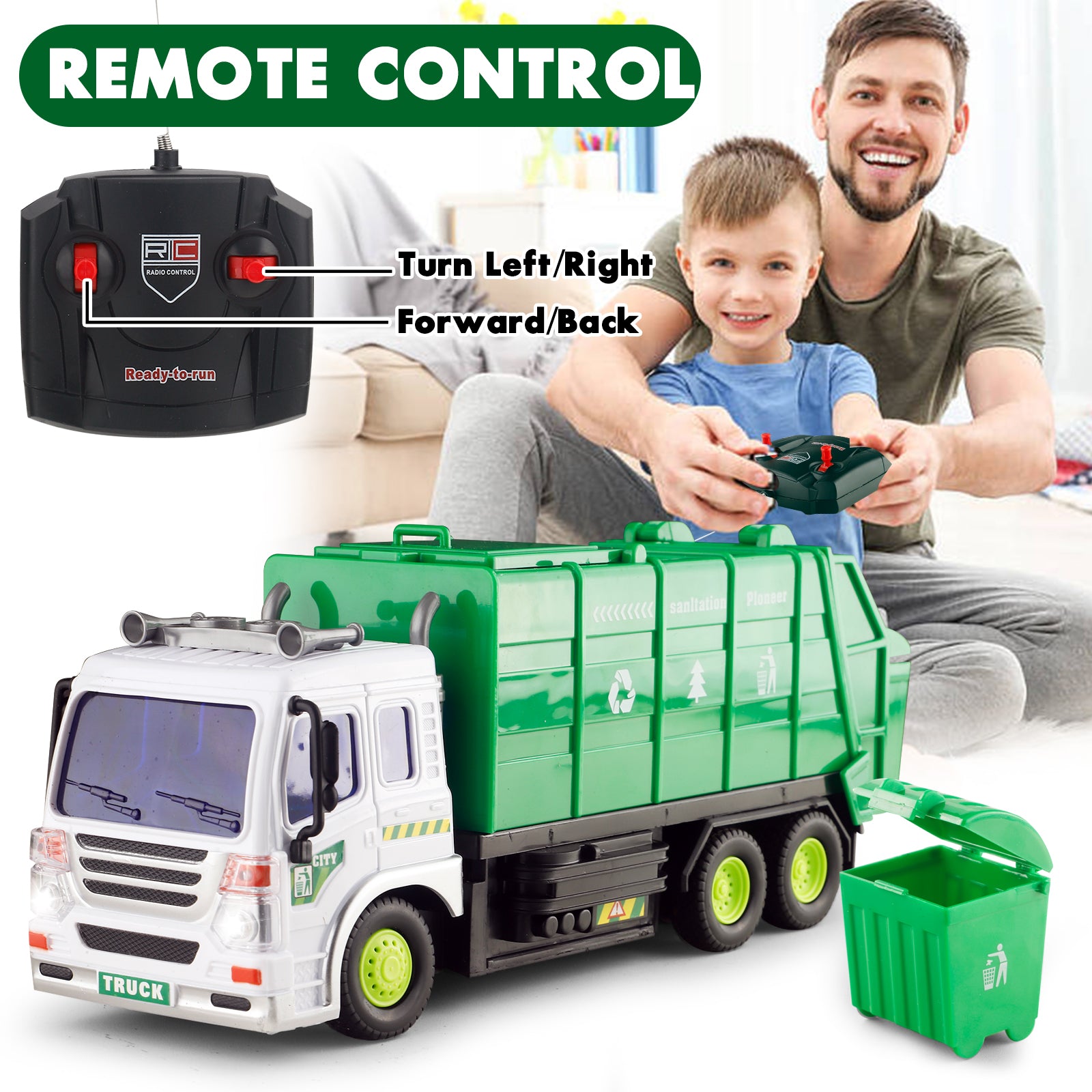 Remote Control Garbage Truck Toys for Boys 3-6 Year RC Car Waste Management Garbage Truck Toy with Lights Great Gift for Kids