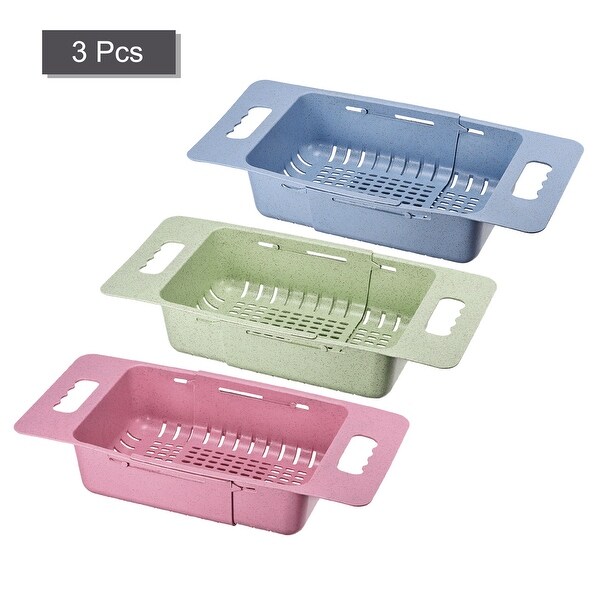 3 Pack Extendable Over the Sink Colanders Strainer for Kitchen - blue green pink - 38cm x 19cm x 8cm