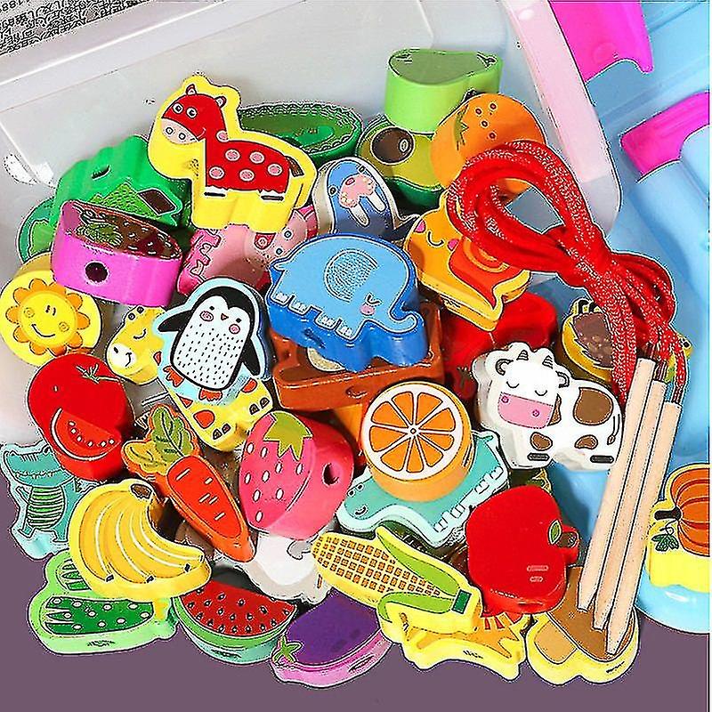 Educational Wooden Lacing Beads Toys Farm Animals Fruits Vegetables Threading Toys