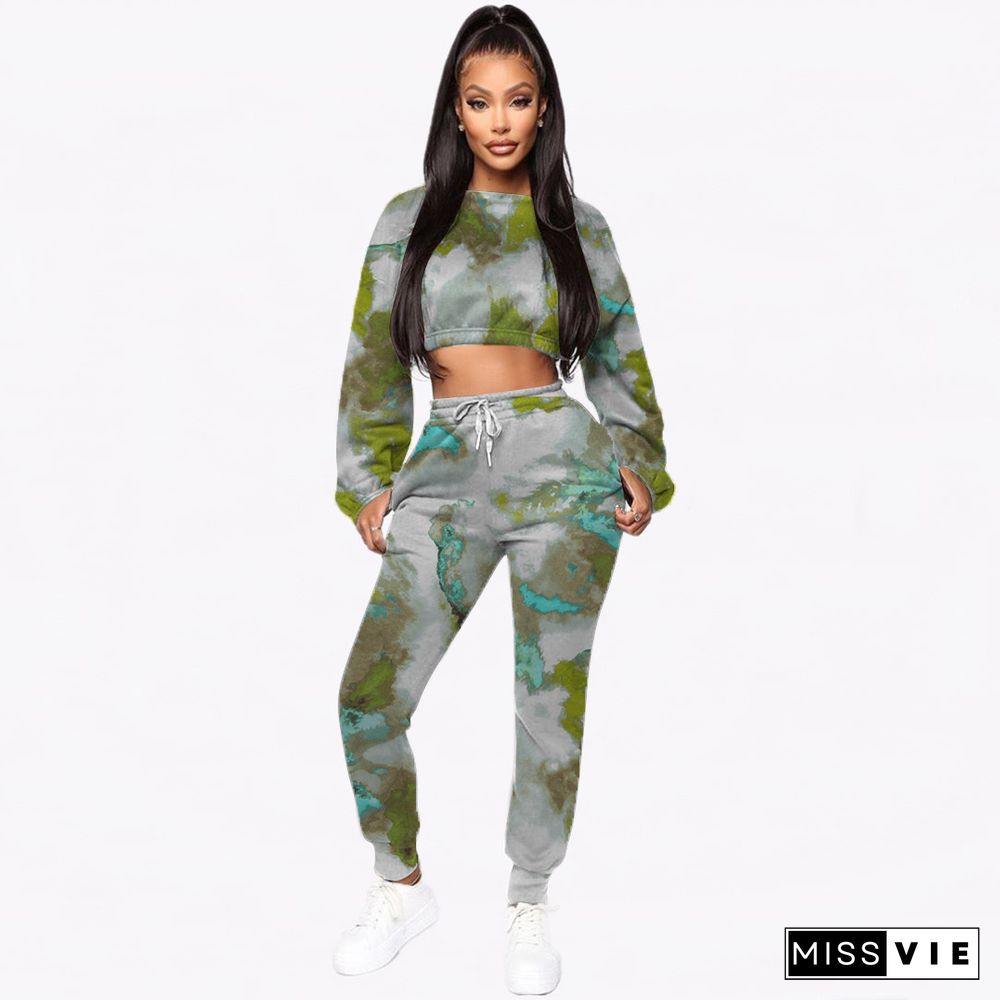 Tie Dye Long Sleeve Crop Top Pants Set