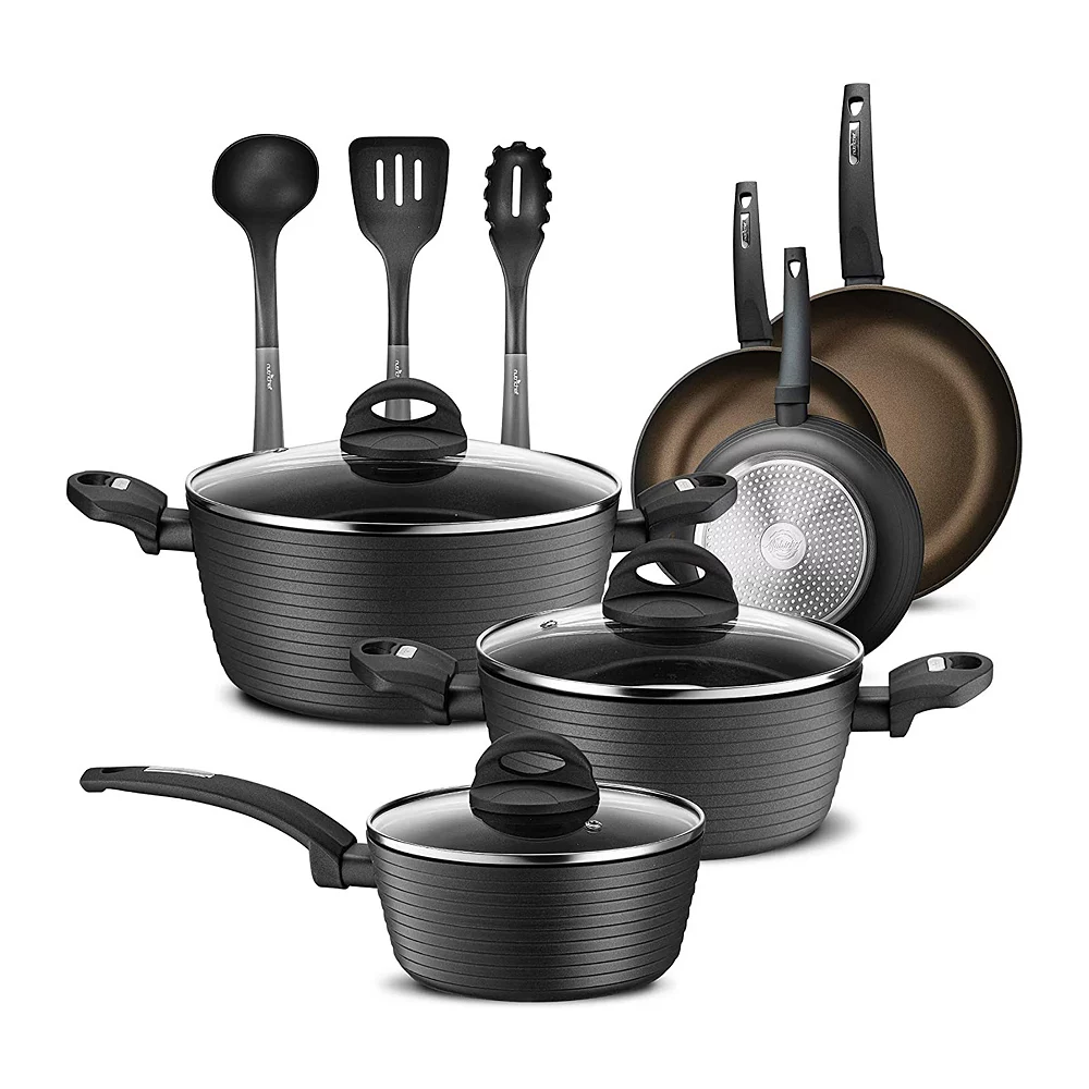 NutriChef Ridge Line Nonstick Kitchen Cookware Pots and Pan， 12 Piece Set， Gray