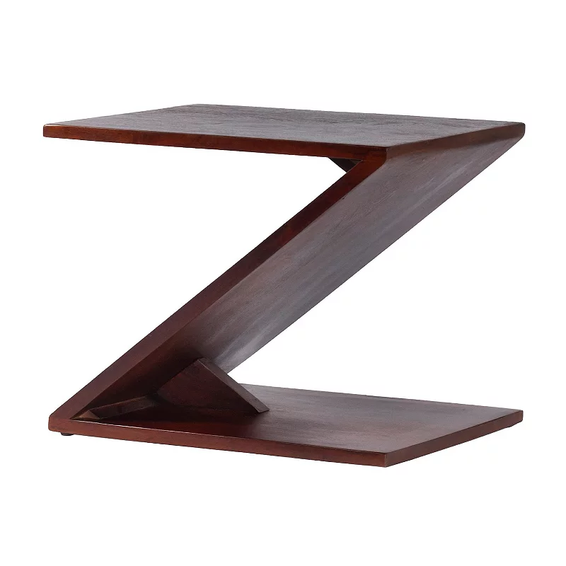 24 Inch Rectangular Mango Wood Side Table， Z Shaped Frame， Dark Brown