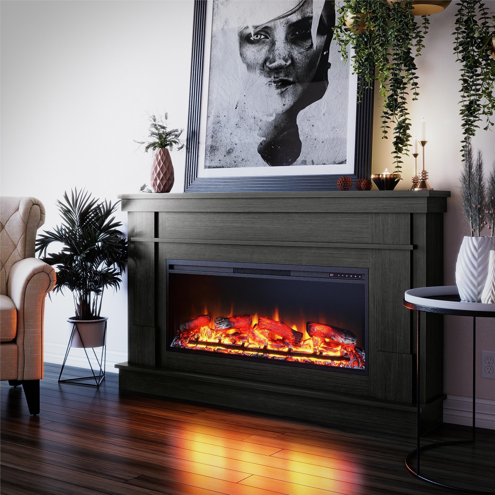 Ameriwood Home Elmdale Wide Mantel with Linear Electric Fireplace, Black Oak