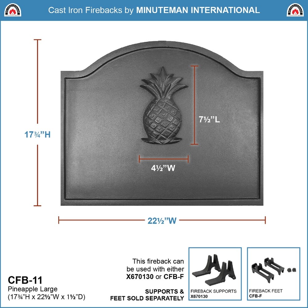 Minuteman International Large Cast Iron Pineapple Fireback  22.5 Inch Long  Black