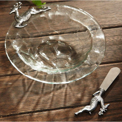 Serveware， Glass Dancing Reindeer Clear Glass Dip Bowl and Antique Gold Spreader/Handles