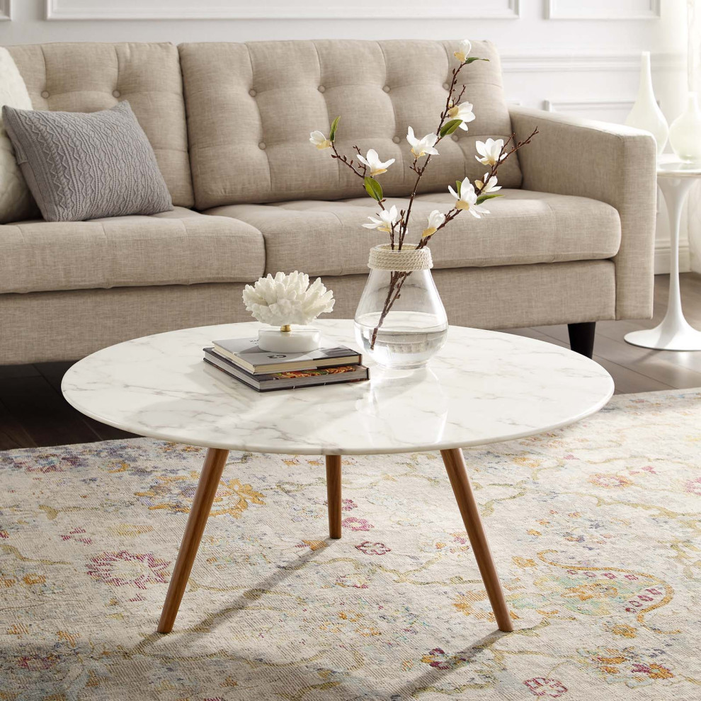 Modern Round Coffee Table  Artificial Marble Stone Metal  White Natural Walnut   Midcentury   Coffee Tables   by House Bound  Houzz