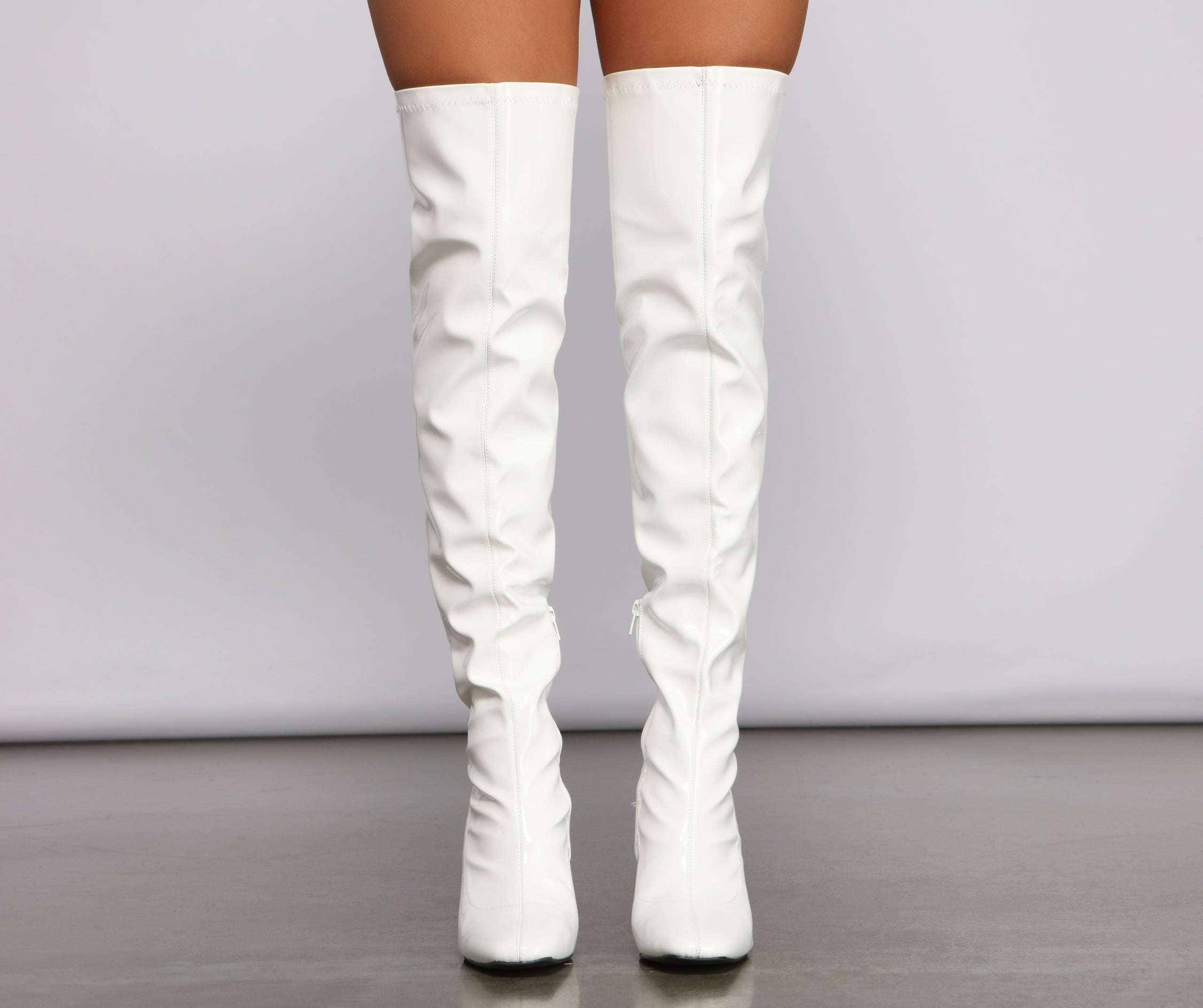 Level Up Faux Patent Leather Thigh High Boots