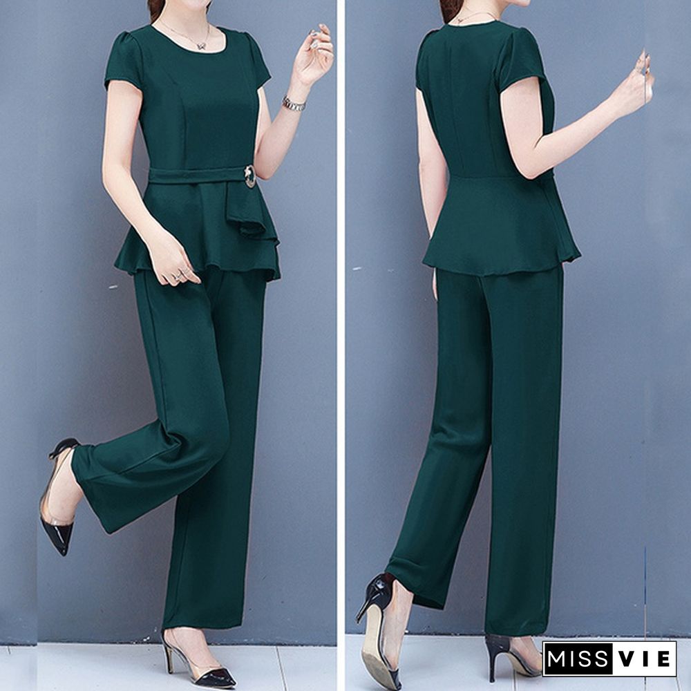 Summer 2 Two Piece Sets Outfits Women Plus Size Short Sleeve Tunics Tops And Pants Suits Office Elegant Korean Sets