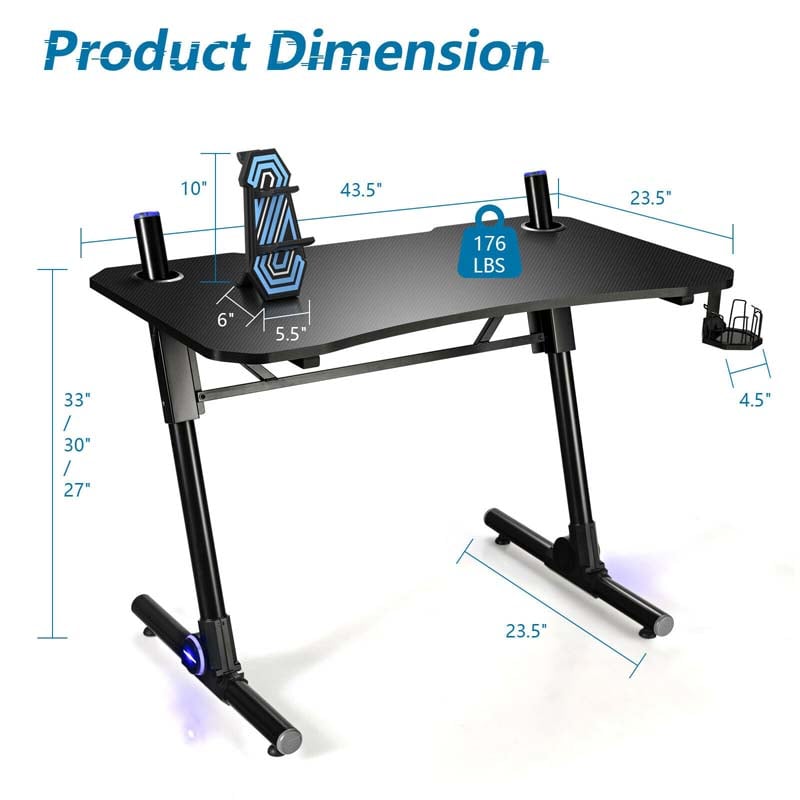 Z-Shaped LED Gaming Desk, 43.5 Inch Height Adjustable Computer Desk, Carbon Fiber Desk with Gaming Handle Rack & Cup Holder