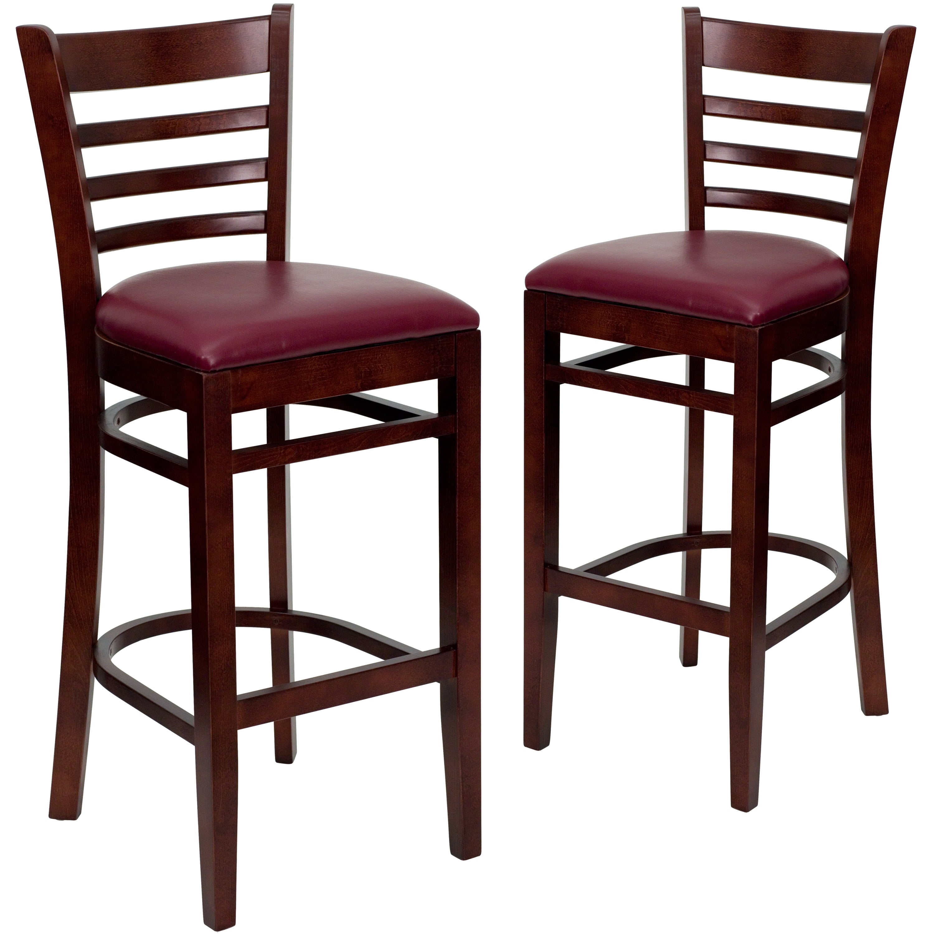 BizChair 2 Pk. Ladder Back Mahogany Wood Restaurant Barstool - Burgundy Vinyl Seat