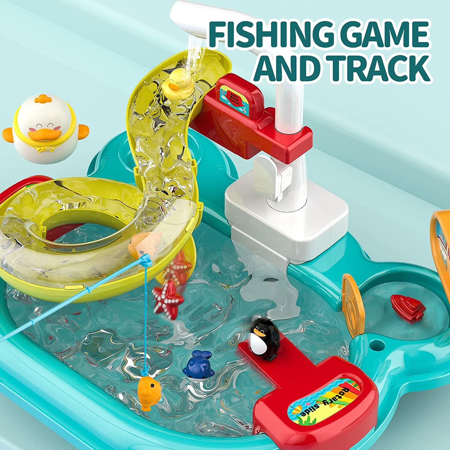 Beefunni Kitchen Sink Toys, Children Electric Dishwasher Playing Toy with Running Water,2 in 1 Fishing Pool Toys Pretend Role Play Toys for Boys Girls 3 Years and Up