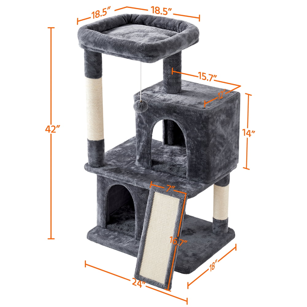 Yaheetech 42'' Multilevel Cat Tree Cat Tower with Double Condos Cat Houses Top Platform，Dark Gray