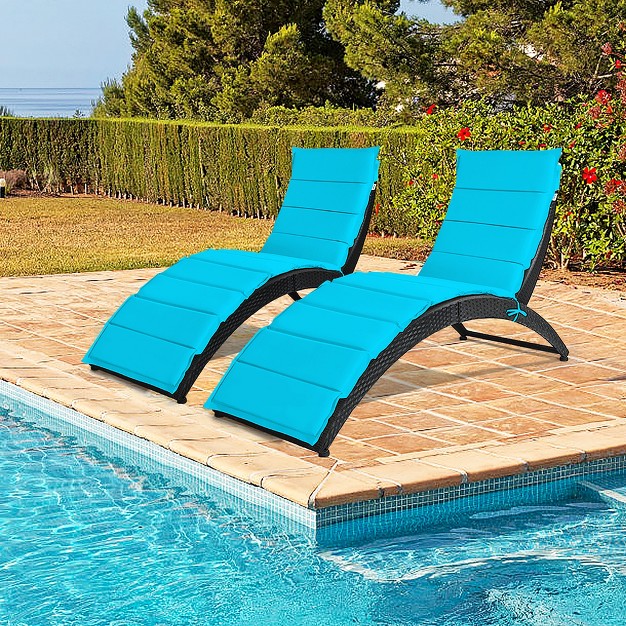 Costway 2pcs Folding Patio Rattan Lounge Chair Chaise Cushioned Portable Lawn Turquoise