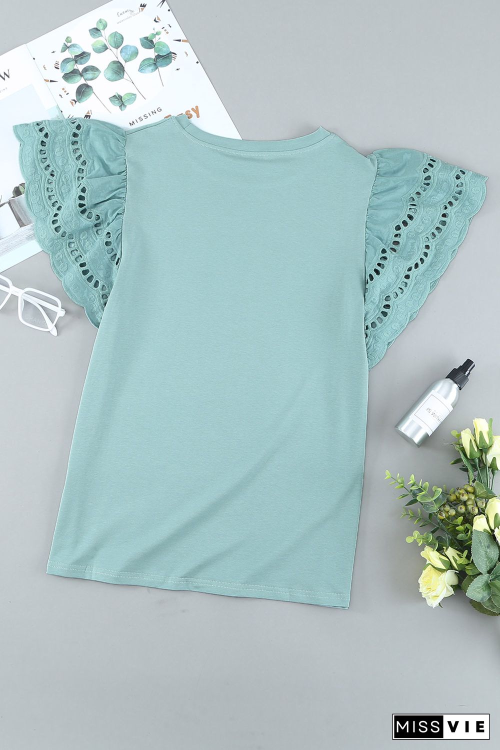 Green Hollow Out Ruffle Sleeve T-shirt