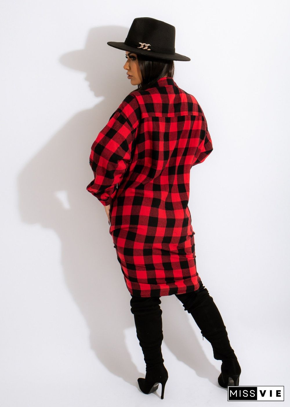 Long Sleeves Single-breasted Plaid Shirt Dress